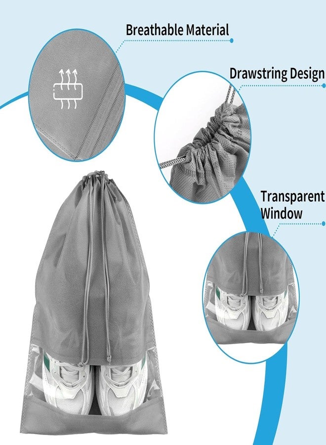 B11 Travel Shoe Bag, Large Portable Drawstring Shoes Storage Bags Non-Woven Dust Proof Pouch Space Saving Organizer with Transparent Slot for Men Women Daily and Travel Use (Grey) - 10 Pcs - Image 2